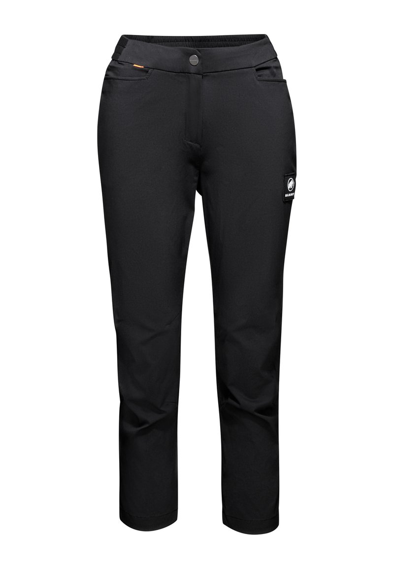 Czarne spodnie outdoorowe o gładkiej teksturze, elastycznym pasie, z zapięciem na guzik i dwiema bocznymi kieszeniami; posiadają naszywkę z logo z boku.