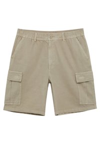 Shorts cargo en coton beige avec une taille élastique, deux poches latérales et une poche cargo sur la jambe gauche. Texture lisse, design décontracté.