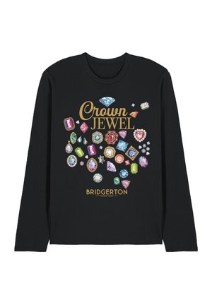 Black long-sleeve shirt with colorful gemstone illustrations, gold text "Crown Jewel," and smaller "Bridgerton" text below.