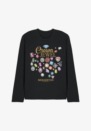 Black long-sleeve shirt with colorful gemstone illustrations, gold text "Crown Jewel," and smaller "Bridgerton" text below.