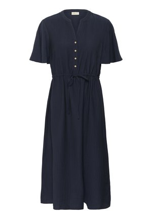 Tumeda sinine kleit tekstureeritud kangast, esitades nööbiga esiosa, lühikesed varrukad ja reguleeritava paela vöökoht.