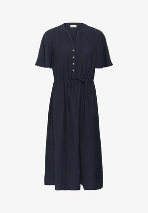 Sötétkék ruha texturált anyagból, gombos elejével, rövid ujjú kivitelben és állítható derékra húzószalaggal a kényelmes viselet érdekében.