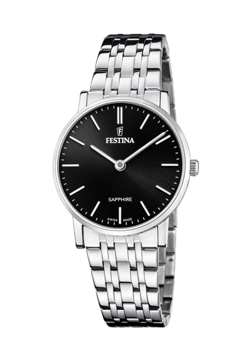 Reloj de acero inoxidable plateado con un dial negro, cristal de zafiro, marcadores de hora delgados y una pulsera de eslabones pulidos. Marca: Festina.