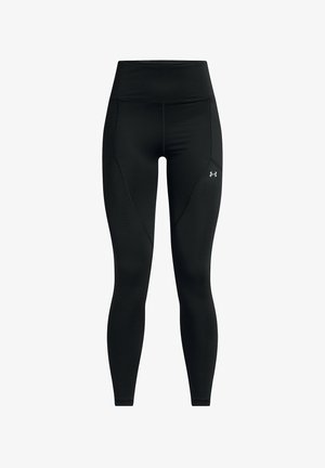 Black, form-fitting leggings featuring a high waistband, textured panels, and subtle branding on the lower leg. Made of smooth, stretchy material.