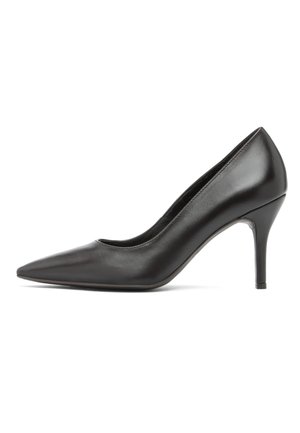 Schwarzer Damenspitzpumps aus Leder mit schlankem, mittelhohem Stilettoabsatz auf weißem Hintergrund.