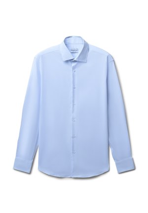 Camicia azzurra a maniche lunghe realizzata in tessuto liscio, con colletto a punta e chiusura frontale con bottoni abbinati.