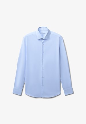 Camicia azzurra a maniche lunghe realizzata in tessuto liscio, con colletto a punta e chiusura frontale con bottoni abbinati.