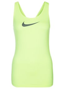 Zielony sportowy top na ramiączkach wykonany z gładkiego, lekkiego materiału, z szarym logo Nike na przodzie i dekoltem w kształcie litery U.