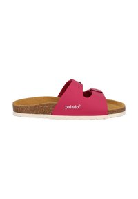 Sandal in pelle rosa con design open toe, footbed in sughero e suola in gomma bianca. Presenta due cinturini regolabili. Logo del brand visibile.