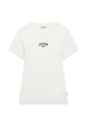 Balti medvilninė trumpomis rankovėmis marškinėliai su apvalia iškirpte, priekyje juodas siuvinėtas "GUESS Jeans" logotipas, su rievinės tekstūros audiniu.