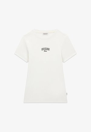Fehér, rövid ujjú pamut póló kerek nyakkivágással, elöl fekete hímzett "GUESS Jeans" logóval, bordázott textúrával.