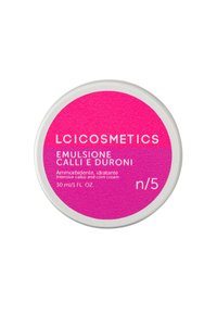 Contenitore circolare rosa per crema con coperchio testurizzato. L'etichetta riporta "LCI COSMETICS," "Emulsione Calli E Duroni," e contiene 30 ml di crema.