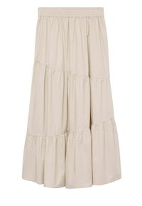 Jupe midi beige à étages avec taille élastique froncée et trois coutures horizontales créant un effet volanté sur un fond uni.