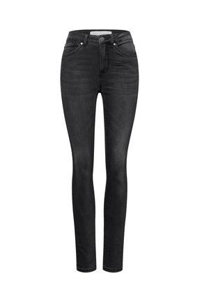 Jeans skinny neri in denim, con vita media, design a cinque tasche e leggera sfumatura davanti per texture.