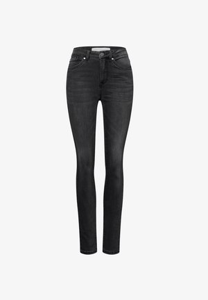 Schwarze Skinny-Jeans aus Denim, mit mittelhohem Bund, Fünf-Taschen-Design und subtilen Verwaschungen an der Vorderseite für Textur.