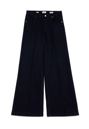 Vidde-benet mørkeblå denimjeans med knaplukning foran og lommedetaljer, vist fladt på en hvid baggrund.