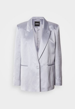 Light gray satin blazer with a notched lapel, single-button front, and two side pockets; smooth texture with structured shoulders.