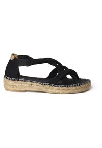 Mustadest sametist espadrille sandaalid, millel on ristis rihmad, kootud jute vaheosa ja tekstureeritud tald. Lame disain mugava istuvusega.