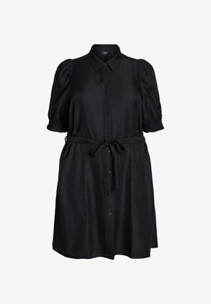 Sort skjortekjole med korte ærmer, knaplukning fortil, elastiske puffærmer og bånd i taljen. Stof med en let tekstur.
