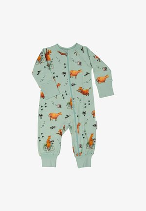 Vihreä vetoketjullinen haalari, jossa on lehmä- ja lintukuvasto, pitkät hihat ja ribbed-hihansuut. Pehmeää puuvillamateriaalia.