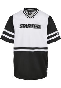Sort og hvid kortærmet trøje med V-udskæring, meshstof, vandrette striber på ærmerne og "STARTER" logo tværs over brystet.