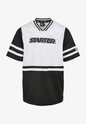 Sort og hvid kortærmet trøje med V-udskæring, meshstof, vandrette striber på ærmerne og "STARTER" logo tværs over brystet.