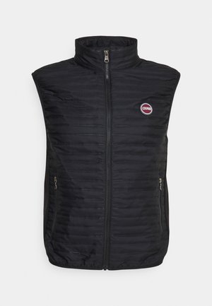 Schwarze gesteppte ärmellose Weste mit Frontreißverschluss, zwei Reißverschlusstaschen und rundem Colmar-Logo auf der Brust.