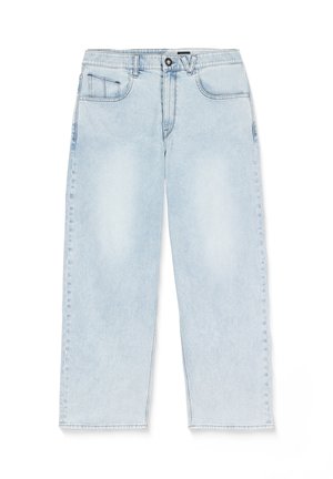 Lichtblauwe jeans met rechte pijpen, voorste knoop- en ritssluiting, ceintuurlussen en voor- en achterzakken.