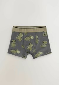 Šedé boxerky s zelenou mriežkou s rozprávkovými medveďmi a ďalšími postavami. Elastický pás s čiernymi a olivovými pruhmi.
