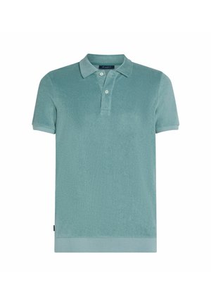 Polo à manches courtes de couleur bleu sarcelle, fabriqué en tissu texturé, doté d'un col, d'une patte de boutonnage à trois boutons et d'un ourlet droit.