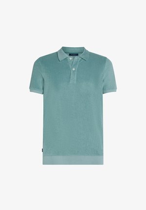 Polo à manches courtes de couleur bleu sarcelle, fabriqué en tissu texturé, doté d'un col, d'une patte de boutonnage à trois boutons et d'un ourlet droit.