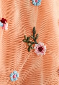 Pfirsichfarbener Netzstoff mit gestickten kleinen Blumen in Pink, Blau und Rot, versehen mit grünen Stängeln und Blättern.