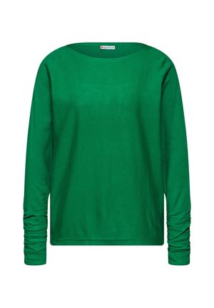 Camicia verde a maniche lunghe in un tessuto morbido e leggero. Caratterizzata da un ampio scollo e polsini arricciati per una vestibilità comoda. Senza motivi né decorazioni.