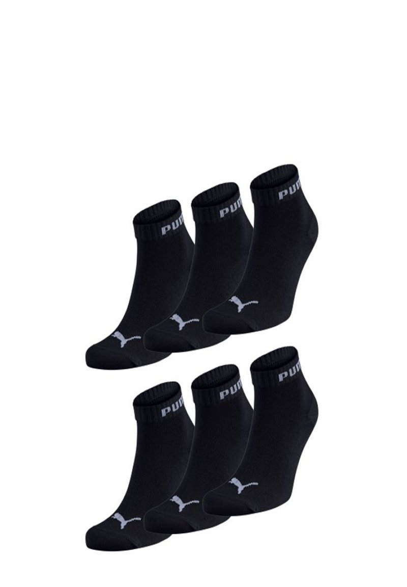 Black ankle socks made of cotton blend, featuring ribbed cuffs, a logo on the band, and a low-cut design. Pack of six pairs.