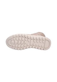 Semelle de chaussure en caoutchouc beige clair avec un motif de semelle texturé pour une meilleure adhérence. Bout arrondi avec un léger arc et une section de talon renforcée.