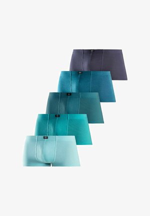 Fit torso und Beine, die tealfarbene Boxershorts tragen, mit einer Hand, die den Bund vor einem schlichten hellen Hintergrund hält.