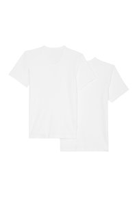 Zwei weiße T-Shirts mit kurzen Ärmeln und rundem Ausschnitt, aus weicher Baumwolle. Glatte Textur ohne Muster oder Grafiken. Einfaches und klassisches Design.
