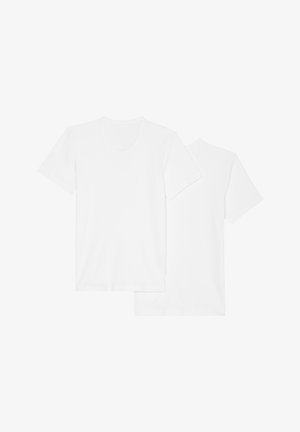 Zwei weiße T-Shirts mit kurzen Ärmeln und rundem Ausschnitt, aus weicher Baumwolle. Glatte Textur ohne Muster oder Grafiken. Einfaches und klassisches Design.