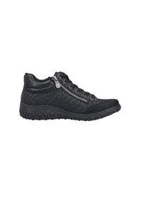 Czarne sneakersy z nadrukiem w motyw panterki, z boku zapinane na zamek błyskawiczny, sznurowane, z teksturowaną gumową podeszwą dla lepszej przyczepności i wsparcia.