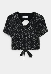 Black cropped blouse with small white floral print, V-neckline, short sleeves, and a front tie detail. Soft fabric with a slight sheen.