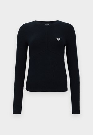 Black long-sleeve sweater with ribbed texture, fitted design, and a diamond logo on the upper left chest. Round neckline, no visible fastenings.