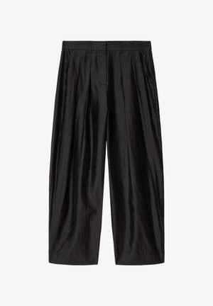 Mustat leveälahkeiset housut, joissa on korkea vyötärö, etukasukset, sivutaskut ja sileä, hieman kiiltävä kangaspinta.