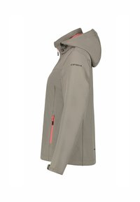 Soft shell jacket in light gray with a hood, featuring a zippered pocket with a pink zipper, subtle branding, and a streamlined design.