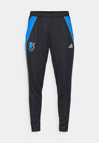 Juodos sportinės kelnės su mėlynomis šoninėmis juostelėmis, sidabrinėmis juostelėmis ir siuvinėtu logotipu. Pagamintos iš lygaus, lengvo audinio su elastingu juosmeniu.