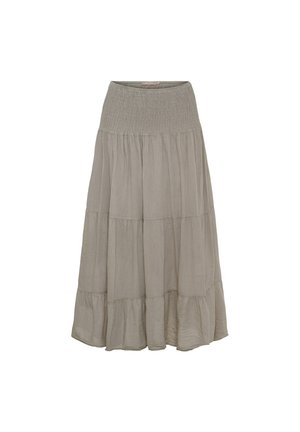 Lysegrå lang nederdel med elastisk talje og lagdelte flydende stofsektioner for en afslappet pasform.