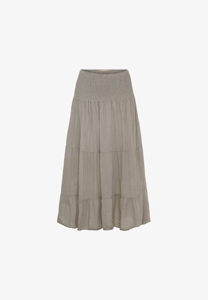 Lysegrå lang nederdel med elastisk talje og lagdelte flydende stofsektioner for en afslappet pasform.