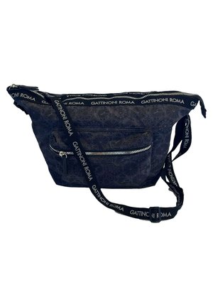 Borsa a spalla blu navy con un motivo geometrico, scomparto principale con zip, tasca frontale con zip e tracolla regolabile con logo 'Gattinoni Roma'.