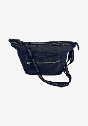 Navyblauwe schoudertas met een geometrisch patroon, een hoofdcompartiment met rits, een ritsvak aan de voorkant en een verstelbare schouderriem met 'Gattinoni Roma' branding.