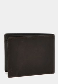 Portafoglio in pelle marrone con una superficie liscia, design a portafoglio ripiegabile e cuciture visibili. Presenta più scomparti per carte e uno stile semplice e minimalista.