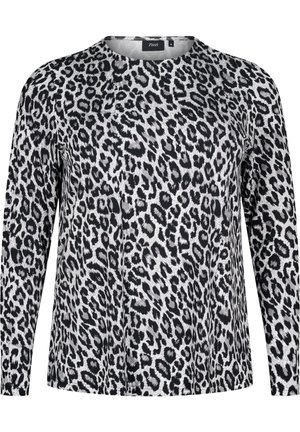 Chemise à manches longues avec motif léopard noir et blanc et col rond, taille moyenne, marque Zizzi.